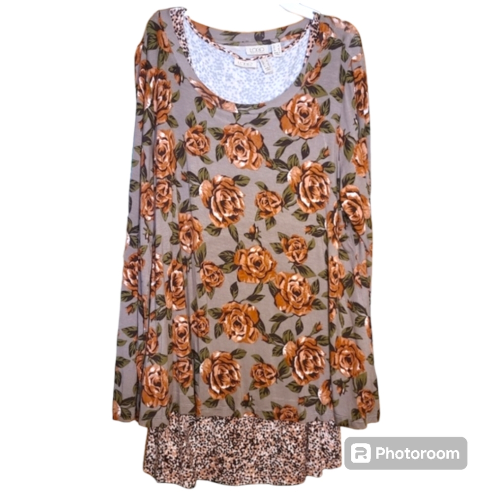 LOGO Size Large Brown Black Dot Tank Top and Gray Brown Floral Tunic 2 Piece Set